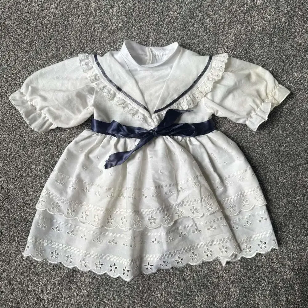 Vintage White Eyelet Lace Party Dress Navy Ribbon Baby Girls 6-9M